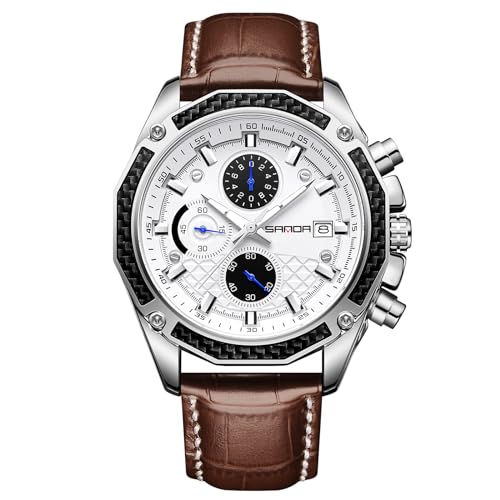 rorios Business Herrenuhren Multifunktional wasserdichte Armbanduhr Analog Quarz Uhr Mode Edelstahl Uhr mit Leder Armband mit Herren Männer Braun von rorios