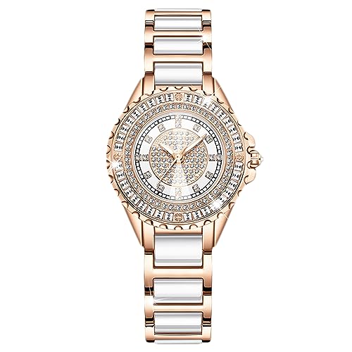 rorios Damen Analog Quarz Uhr Elegante Diamant Armbanduhr Mode 30M Wasserdicht Damenuhr Frauen Kreative Uhr mit Rose Gold Edelstahl Armband Weiß von rorios