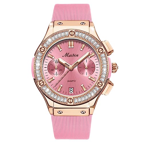 rorios Damen Analog Quarz Uhr Großes Zifferblatt Uhr Quadratischer Diamant Armbanduhren Mode Rosa Uhr Sport Silikon Uhr Wasserdicht multifunktional Uhr von rorios