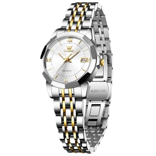 rorios Damen Analog Quarz Uhr Klassisch Edelstahl Armbanduhren Frauen Elegant Uhren Leuchtend Datum Kalender Uhr Einfache Vintage Damenarmbanduhren Weiß A von rorios