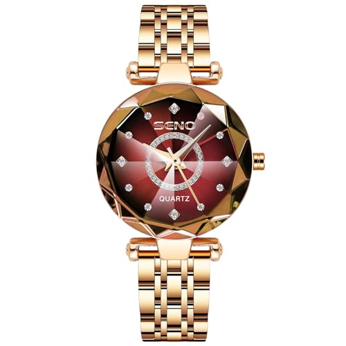 rorios Damen Elegant Armbanduhr Analog Quarz Uhr Diamant Skala Uhr Frauen Edelstahl Armband Uhr Mode Einfache Damenuhren Rot A von rorios