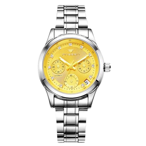 rorios Damen Elegant Armbanduhren Frauen Mechanische Uhr Minimalistisch Mode Uhr Automatik Edelstahl Uhr Leuchtend Analog Damenuhren Gelb A von rorios