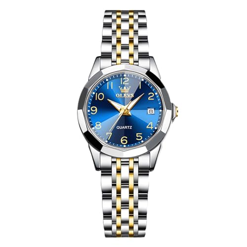 rorios Damen Klassisch Edelstahl Armbanduhren Elegant Analog Quarz Uhr Frauen Wasserdicht Uhr Leuchtend Datum Kalender Uhr Blau von rorios