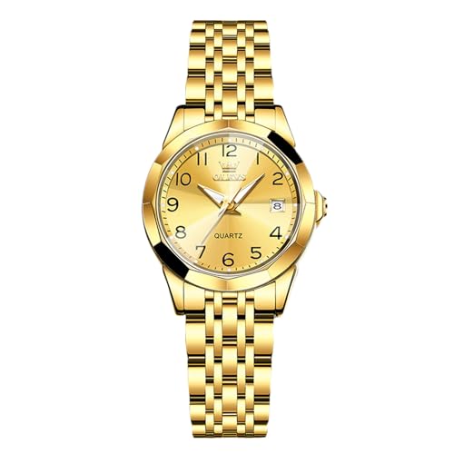 rorios Damen Klassisch Edelstahl Armbanduhren Elegant Analog Quarz Uhr Frauen Wasserdicht Uhr Leuchtend Datum Kalender Uhr Gold von rorios