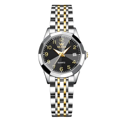 rorios Damen Klassisch Edelstahl Armbanduhren Elegant Analog Quarz Uhr Frauen Wasserdicht Uhr Leuchtend Datum Kalender Uhr Schwarz von rorios