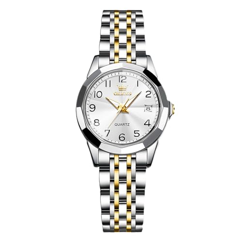 rorios Damen Klassisch Edelstahl Armbanduhren Elegant Analog Quarz Uhr Frauen Wasserdicht Uhr Leuchtend Datum Kalender Uhr Weiß Gold von rorios