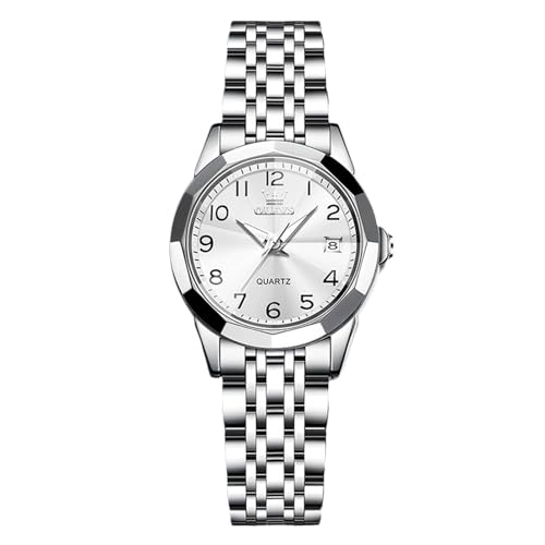 rorios Damen Klassisch Edelstahl Armbanduhren Elegant Analog Quarz Uhr Frauen Wasserdicht Uhr Leuchtend Datum Kalender Uhr Weiß von rorios