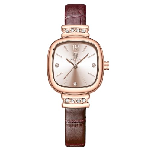 rorios Damen Minimalistisch Armbanduhren Kleine Quadratische Uhr Frauen Elegant Uhren Analog Quarz Damenuhren mit Edelstahl Armband Braun von rorios