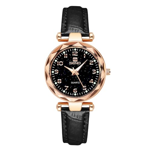 rorios Damen Mode Uhren Frauen Edelstahl Armbanduhren Elegant Leder Armband Uhr Analog Quarz Damenuhr Women Wirst Watch Schwarz von rorios