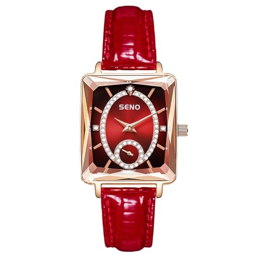 rorios Damen Rechteck Armbanduhren Mode Diamant Uhr Frauen Elegant Uhre Analog Quarz Damenuhren Rotem Zifferblatt Leder Armband Uhr von rorios