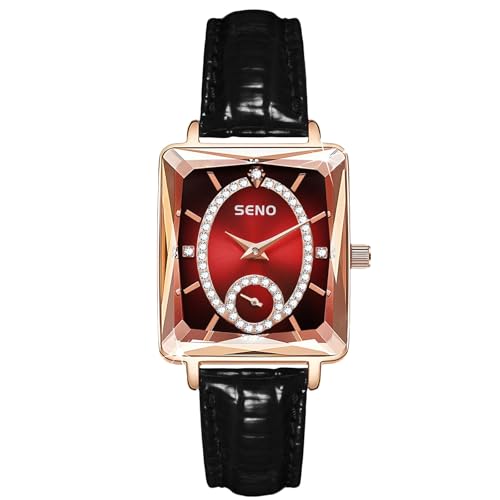rorios Damen Rechteck Armbanduhren Mode Diamant Uhr Frauen Elegant Uhre Analog Quarz Damenuhren Rotem Zifferblatt Leder Armband Uhr von rorios