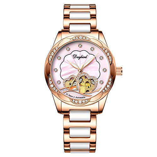 rorios Damen Uhren Automatikuhr Mechanische Uhr Wasserdicht Leuchtend Uhr mit Edelstahl Armband Mode Diamant Armbanduhr Pink von rorios
