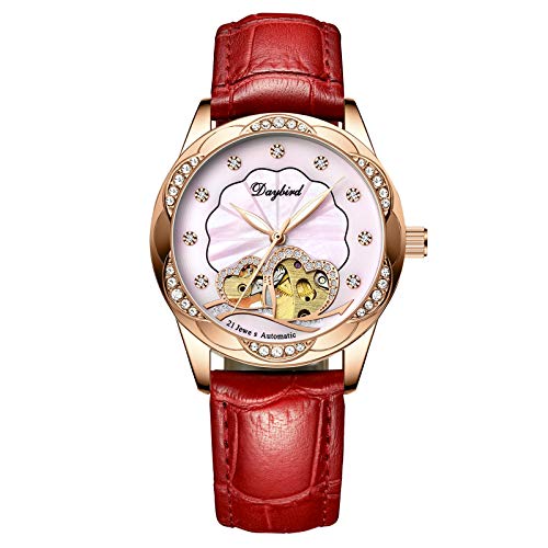 rorios Damen Uhren Automatikuhr Mechanische Uhr Wasserdicht Leuchtend Uhr mit Leder Armband Elegant Diamant Armbanduhr Pink von rorios