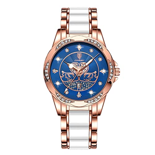 rorios Damenuhr Leuchtende Diamant Armbanduhren Analog Quarz Uhr mit Edelstahlband Mode Wasserdicht Frauen Uhren von rorios