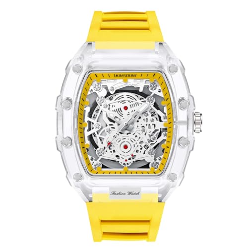 rorios Durchsichtig Tonneau Armbanduhren für Herren Analog Quarz Herrenuhren Mode Silikon Uhr Leuchtend Datum Kalender Uhr für Männer Gelb von rorios