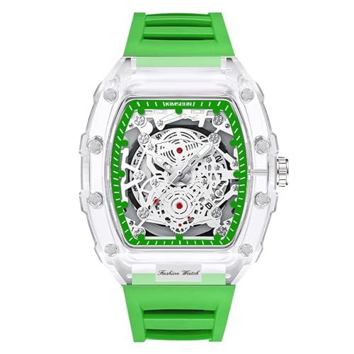 rorios Durchsichtig Tonneau Armbanduhren für Herren Analog Quarz Herrenuhren Mode Silikon Uhr Leuchtend Datum Kalender Uhr für Männer Grün von rorios