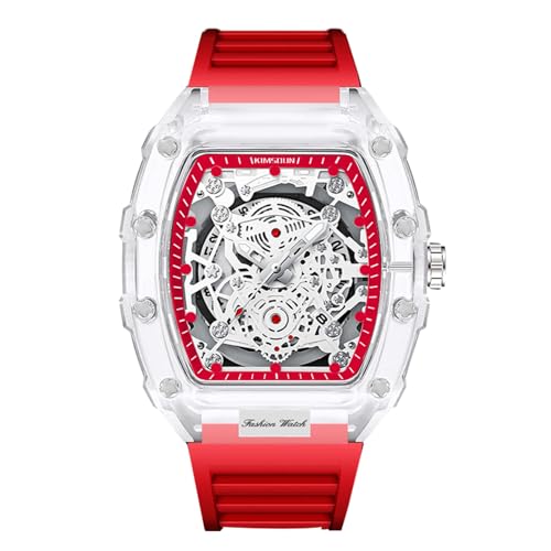 rorios Durchsichtig Tonneau Armbanduhren für Herren Analog Quarz Herrenuhren Mode Silikon Uhr Leuchtend Datum Kalender Uhr für Männer Rot von rorios