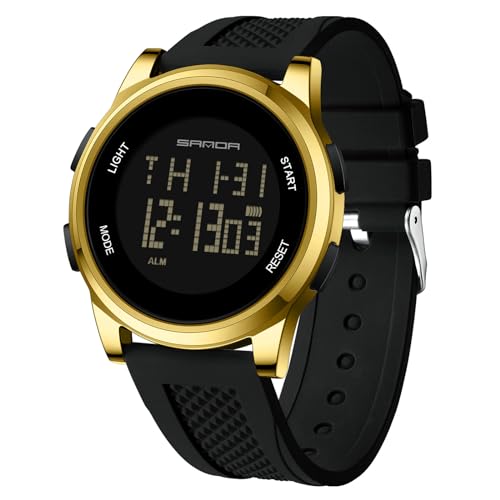 rorios Einfache Elektronische Uhr Herren Digital Armbanduhr Multifunktional Sport Uhr Freizeit wasserdichte Uhr Silikon Armband für Männer Junge Schwarz Gold A von rorios