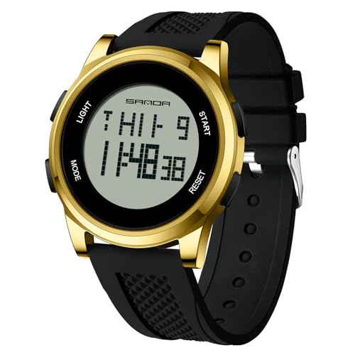 rorios Einfache Elektronische Uhr Herren Digital Armbanduhr Multifunktional Sport Uhr Freizeit wasserdichte Uhr Silikon Armband für Männer Junge Schwarz Gold B von rorios
