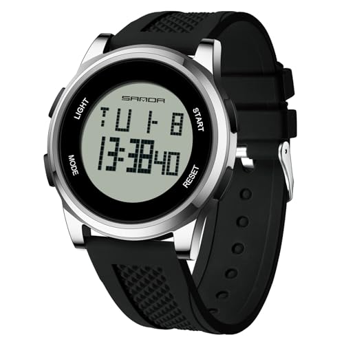rorios Einfache Elektronische Uhr Herren Digital Armbanduhr Multifunktional Sport Uhr Freizeit wasserdichte Uhr Silikon Armband für Männer Junge Schwarz Silber B von rorios