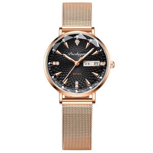 rorios Einfache Freizeit Armbanduhr für Damen Analoge Quarz Uhren Frauen Diamant Uhr Rotgold Mesh Armband Damenuhr mit Datum Kalender Schwarz von rorios