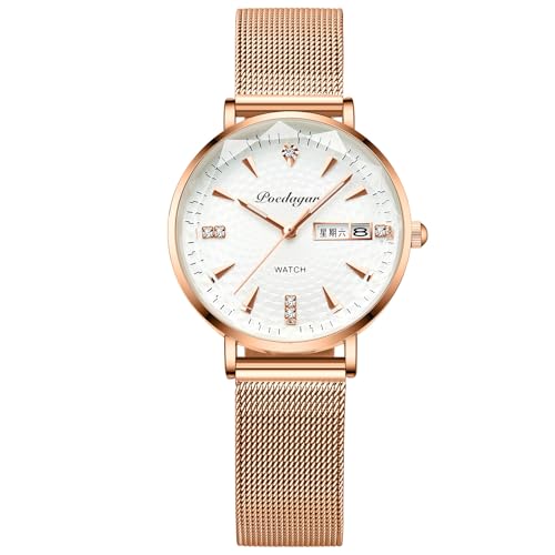 rorios Einfache Freizeit Armbanduhr für Damen Analoge Quarz Uhren Frauen Diamant Uhr Rotgold Mesh Armband Damenuhr mit Datum Kalender Weiß von rorios