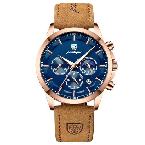 rorios Elegant Herrenuhren Multifunktional Chronograph Uhren Analoge Quarz Armbanduhren Edelstahl Business Uhr für Männer Herren mit Leder Armband Blau A von rorios