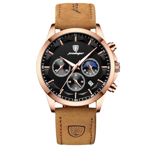 rorios Elegant Herrenuhren Multifunktional Chronograph Uhren Analoge Quarz Armbanduhren Edelstahl Business Uhr für Männer Herren mit Leder Armband Schwarz A von rorios