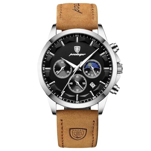 rorios Elegant Herrenuhren Multifunktional Chronograph Uhren Analoge Quarz Armbanduhren Edelstahl Business Uhr für Männer Herren mit Leder Armband Schwarz C von rorios