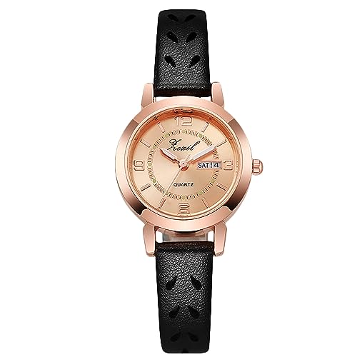 rorios Frauen Casual Analoge Quarz Uhr Damen Schwarz Lederarmband Uhr Mädchen Woche Datum Kalender Armbanduhr Leuchtend wasserdichte Uhr ORO rosa von rorios