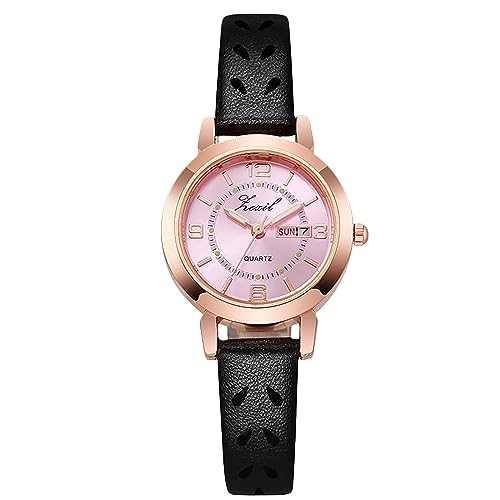 rorios Frauen Casual Analoge Quarz Uhr Damen Schwarz Lederarmband Uhr Mädchen Woche Datum Kalender Armbanduhr Leuchtend wasserdichte Uhr Rosa von rorios