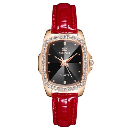 rorios Frauen Rechteckige Uhr Vintage Elegant Armbanduhren Analog Quarz Damenuhren Einfach Diamant Uhren mit Leder Armband für Damen Rot Schwarz von rorios