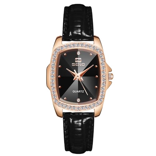rorios Frauen Rechteckige Uhr Vintage Elegant Armbanduhren Analog Quarz Damenuhren Einfach Diamant Uhren mit Leder Armband für Damen Schwarz von rorios