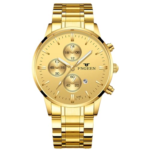 rorios Freizeit Analog Quarz Armbanduhr Herren Business Uhren Mode Datum Kalender Uhr wasserdichte Leuchtend Uhr Edelstahl Armband für Männer Gold von rorios