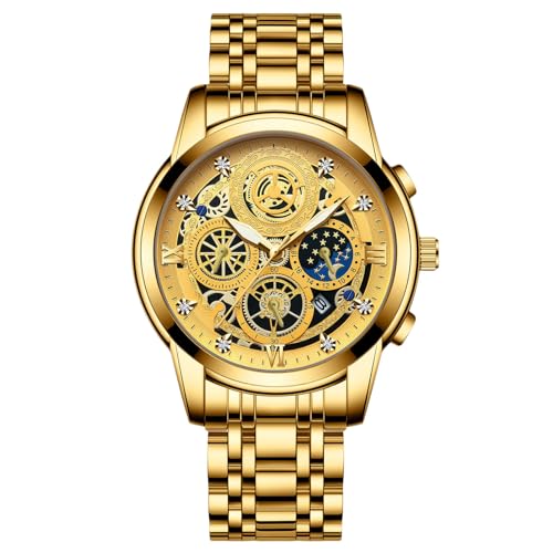 rorios Herren Analog Quarz Armbanduhr Diamant wasserdichte Uhr Business Edelstahl Uhren Leuchtend Datum Kalender Uhr Dekorative Kleines Zifferblatt Uhr Gold von rorios