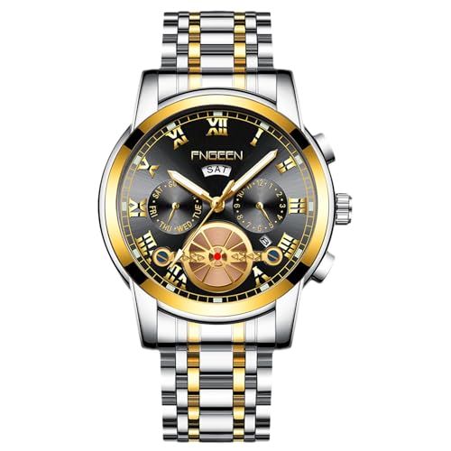 rorios Herren Analog Quarz Armbanduhr Klassische Business Uhr Datum Kalender Leuchtend Uhr Edelstahl Herrenuhren Multifunktional wasserdichte Uhr Schwarz Gold A von rorios