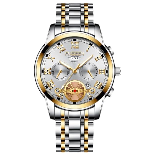 rorios Herren Analog Quarz Armbanduhr Klassische Business Uhr Datum Kalender Leuchtend Uhr Edelstahl Herrenuhren Multifunktional wasserdichte Uhr Weiß Gold A von rorios