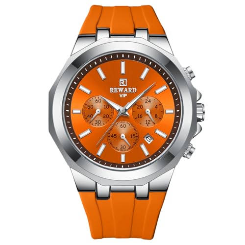 rorios Herren Mode Armbanduhren Sport Quarz Uhr Freizeit Silikon Armband Uhr Multifunktional Chronograph Uhr Leuchtend Analog Uhr für Männer Orange von rorios