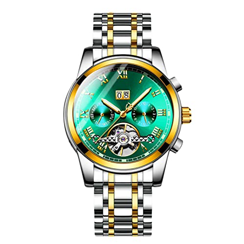 rorios Herren Automatik Mechanisch Tourbillon Armbanduhr Edelstahl Metallarmband Kalender Leuchtend Zeiger Multifunktionen Armbanduhr von rorios