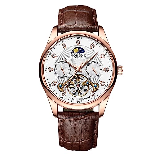 rorios Herren Automatik Tourbillon Uhr Diamant Skelett Uhr wasserdichte Mechanische Armbanduhr Leuchtende Mondphase Uhr Lederarmband Braun weiß A von rorios