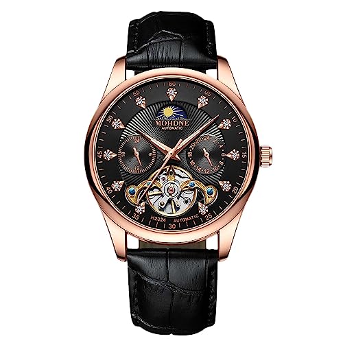 rorios Herren Automatik Tourbillon Uhr Diamant Skelett Uhr wasserdichte Mechanische Armbanduhr Leuchtende Mondphase Uhr Lederarmband Schwarz Roségold A von rorios