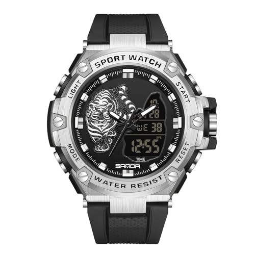 rorios Herren Digital Uhren Analog Quarz Uhr Multifunktional Elektronische Armbanduhr Mode wasserdichte Uhr Militär Dual Display Herrenuhren Silber von rorios