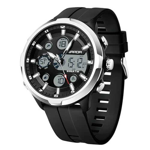 rorios Herren Dual Display Uhren Sport Digital Uhr Analog Quarz Uhr Mode Multifunktional Armbanduhr Elektronische wasserdichte Uhr Silikon Armband Schwarz Silber von rorios