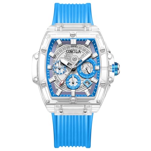 rorios Herren Durchsichtig Tonneau Armbanduhren Silikon Analog Quarz Uhren für Männer Multifunktional Mode Uhr wasserdichte Chronograph Herrenuhr Blau von rorios