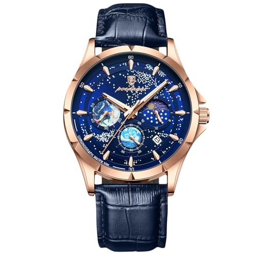 rorios Herren Edelstahl Armbanduhren Mode Analoge Quarz Uhr Elegant Leuchtend Uhren Multifunktional Chronograp Herrenuhren Roségold Blau B von rorios