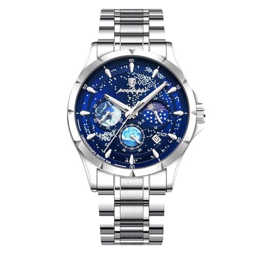 rorios Herren Edelstahl Armbanduhren Mode Analoge Quarz Uhr Elegant Leuchtend Uhren Multifunktional Chronograph Herrenuhren Silber Blau A von rorios