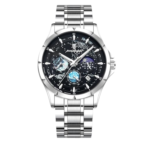 rorios Herren Edelstahl Armbanduhren Mode Analoge Quarz Uhr Elegant Leuchtend Uhren Multifunktional Chronograp Herrenuhren Silber Schwarz A von rorios