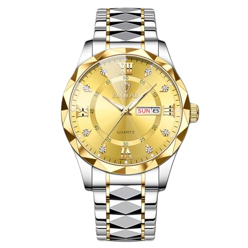 rorios Herren Elegant Quarz Armbanduhr Klassische Edelstahl Herrenuhren Diamant wasserdichte Uhr Multifunktional Business Uhren für Männer Gold D von rorios