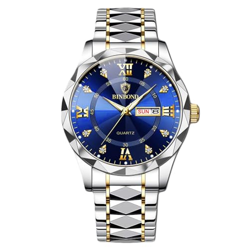 rorios Herren Elegant Quarz Armbanduhr Klassische Edelstahl Herrenuhren Diamant wasserdichte Uhr Multifunktional Business Uhren für Männer Gold blau A von rorios