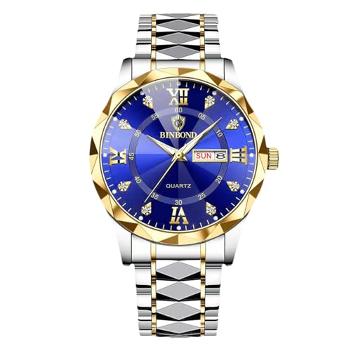 rorios Herren Elegant Quarz Armbanduhr Klassische Edelstahl Herrenuhren Diamant wasserdichte Uhr Multifunktional Business Uhren für Männer Gold blau B von rorios